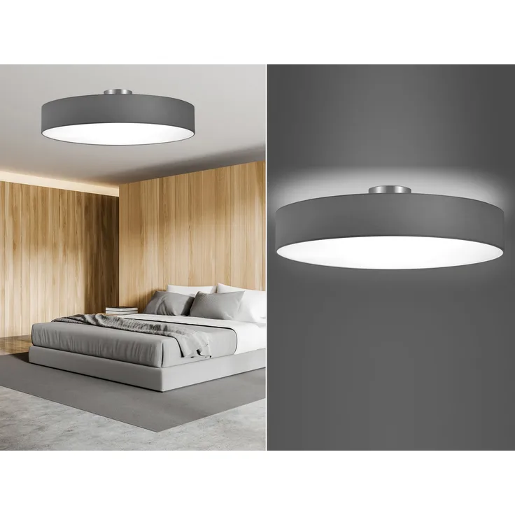 Runde LED Deckenleuchte mit Stoffschirm in Grau, Ø 65cm