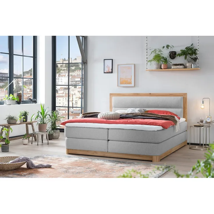 Belanoti Boxspringbett Age (Boxspringbett 180x200 Eiche 7-Zonen Taschenfederkern Matratze, inkl Visco Topper Bett 180x200 in der Farbe Hellgrau H2/H3 Polsterbett), Hotelbett mit Massivholz Eiche Massivholzbett