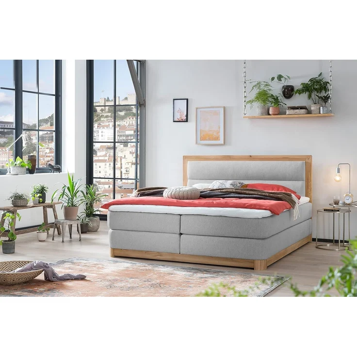Belanoti Boxspringbett Age (Boxspringbett 180x200 Eiche 7-Zonen Taschenfederkern Matratze, inkl Visco Topper Bett 180x200 in der Farbe Hellgrau H2/H3 Polsterbett), Hotelbett mit Massivholz Eiche Massivholzbett