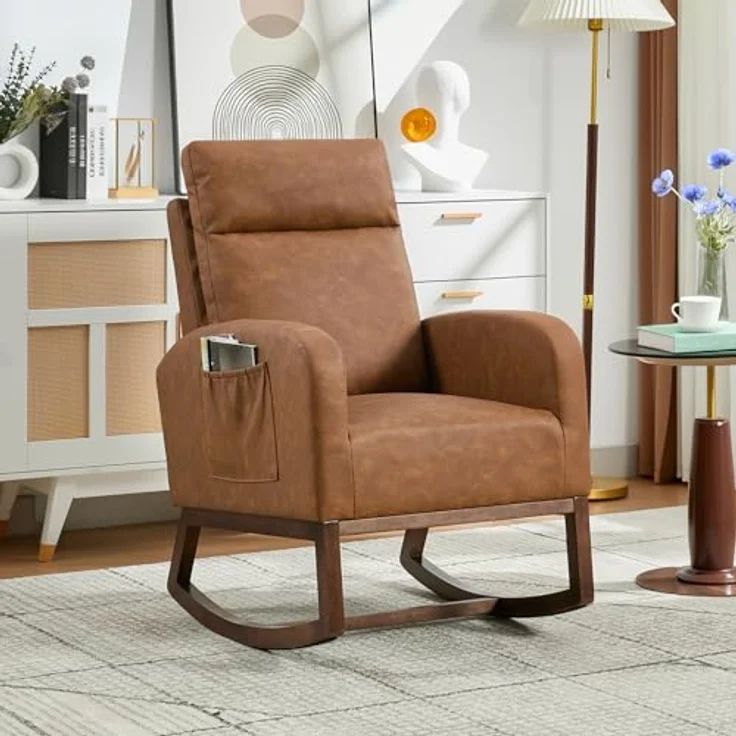 GarveeLife Stillschaukelstuhl für Kinderzimmer, PU-Leder Schaukelstuhl mit 66 cm hohem Rückenlehne, Moderner Relaxstuhl für Wohnzimmer, Schlafzimmer & Leseecke – Braun – Bild 1