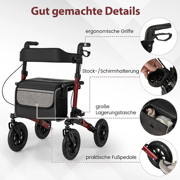 Rollator mit Luftbereifung faltbar und leicht mit Sitz Aluminium bis 140 kg 2 in 1 Rollstuhl Rot – Bild 5