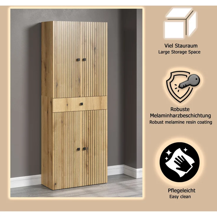trendteam smart living - PureBliss - Waschbeckenunterschrank - Eiche - Waschtisch mit 3 offenen Fächern - (BxHxT) 90 x 79 x 53 cm - Badezimmerschrank mit Rillenoptik - edle Metallgriffe – Bild 8