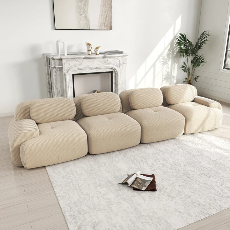 4-Sitzer-Sofa aus weichem Cordstoff,32D hochelastische Polsterung haustierfreundlich und ergonomisch vakuumverpackt frei kombinierbar ohne Montage für Schlafzimmer und Büro,Cordstoff,Beige, – Bild 3
