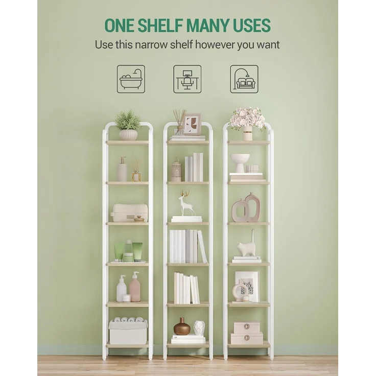 Regal, Bücherregal, Standregal, Schmales Regal mit 6 Ebenen, Schmales Büroregal, Eckregal für Büro, Wohnzimmer, Schlafzimmer, Küche, 30 x 33 x 166 cm, Weißeiche und Weiß – Bild 3
