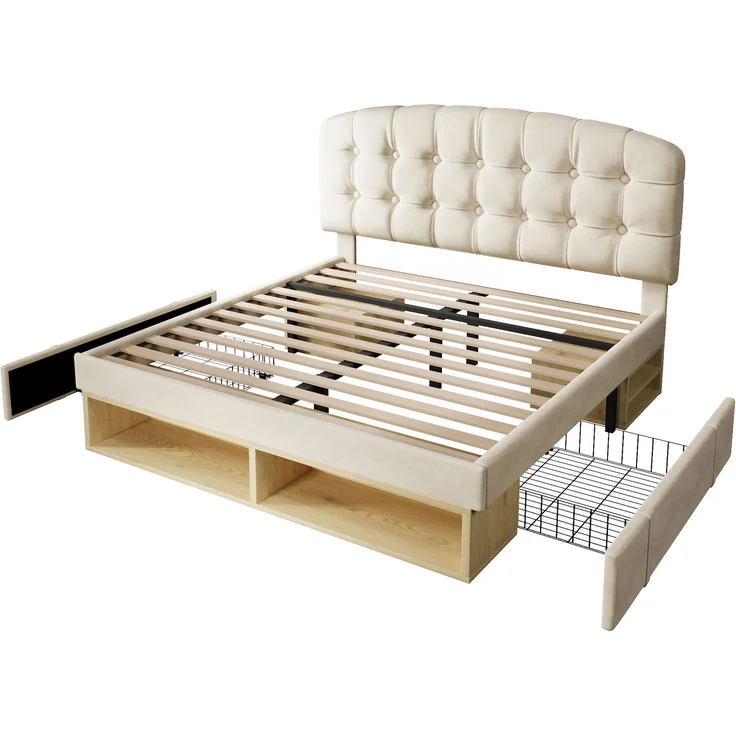 Merax Doppelbett 140x190 cm, Polsterbett mit Lattenrost, Bettgestell mit gebogenem höhenverstellbarem Kopfteil, Bett mit Schubladen und Stauraum, Samt, Beige – Bild 9