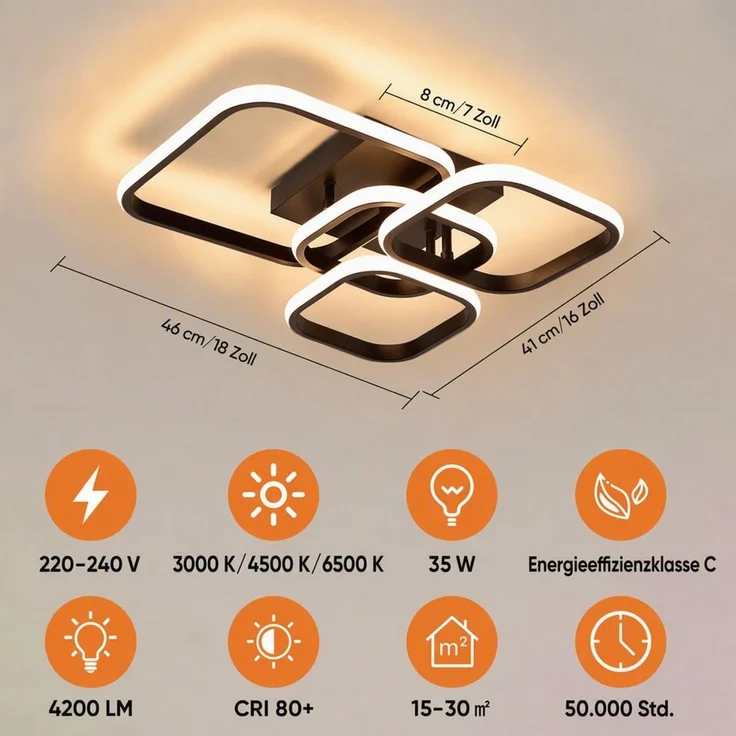 BlingBin LED Deckenleuchte 46cm DeckenLampe 34W 1895 lm, sandschwarz, 3000 K, LED fest integriert, Tageslichtweiß, Modern Deckenlampe 3000K für Wohnzimmer Küche Flur – Bild 2