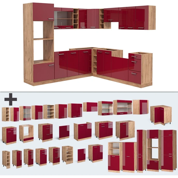 Eckküche R-Line Rot Hochglanz/Goldkraft Eiche 247 x 60 cm , AP Eiche Vicco – Bild 6