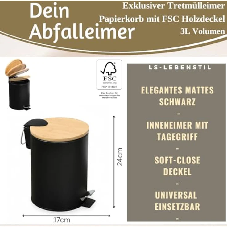 LS-LebenStil Tretmülleimer 3L Schwarz Matt, Rund mit Softclose Holz Deckel und Fußpedal, Kosmetikeimer für Bad und Büro – Bild 2