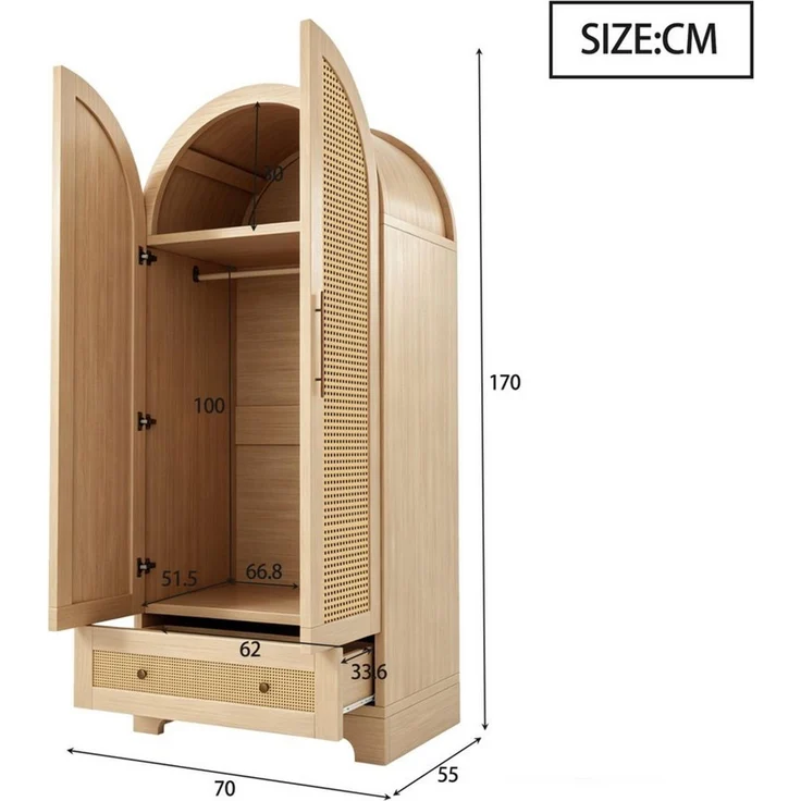 MODFU Kleiderschrank Doppeltüriger Schrank 70x55x170 cm, Mehrzweckschrank (Aufbewahrungsschrank mit Rattanstruktur, Schubladen und Ablagefächern für moderne Zuhause) Garderobenschrank Mehrzweckschrank – Bild 3
