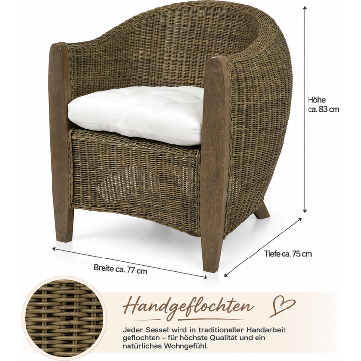 Sedex Bari Rattansessel Palmskin – handgefertigt mit Holzgestell und Sitzpolster – Bild 3