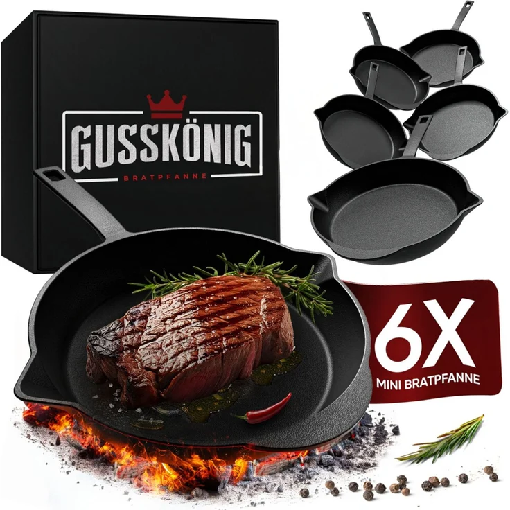 6er Mini-Pfannen-Set aus Gusseisen Ø 13,5 cm – Servierpfannen für Induktion, Grill & Backofen, hitzebeständig und vielseitig – Bild 1