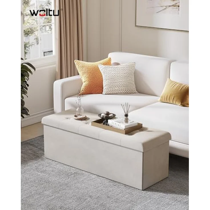 WOLTU Sitzhocker mit Stauraum Sitzbank faltbar Truhen Aufbewahrungsbox, Deckel abnehmbar, Gepolsterte Sitzfläche aus Samt, 110 x 37,5 x 38 cm, Cremeweiß, SH73cm – Bild 3