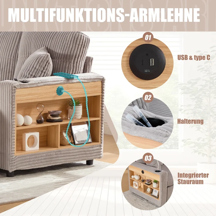 LVHOM Schlafsofa mit LED & USB, Ecksofa mit Ablagefächern, Schublade und Becherhaltern, Schlafcouch aus Cordstoff, frei Kombination, 196x144x85 cm – Bild 7