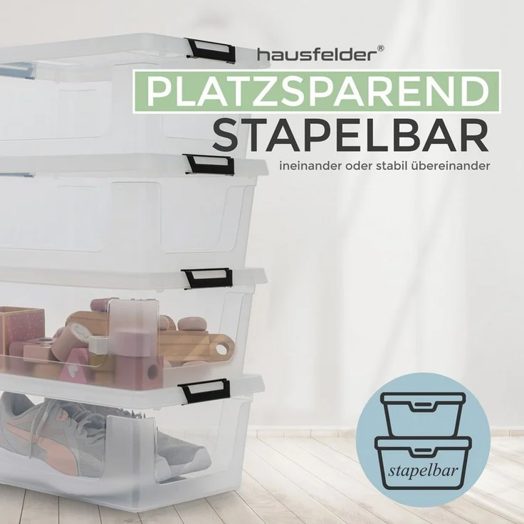 Hausfelder Aufbewahrungsbox Ordnungsboxen mit Deckel und Verschlussclips,12 l, 4 Stück (4er Set, 4 St, 4 Boxen + 4 Deckel), stapelbar, mit Klickverschluss, in drei Größen erhältlich – Bild 4