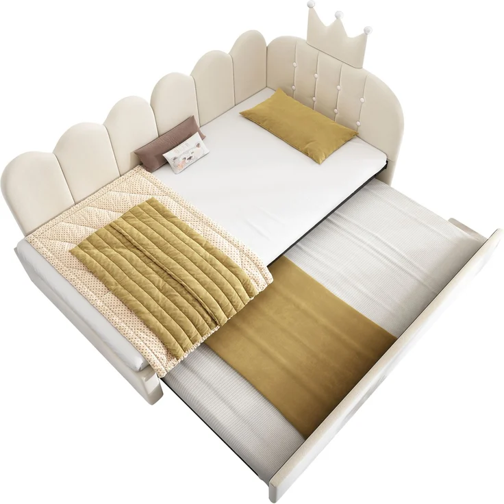 Merax Einzelbett 90x200 cm, Kinderbett, Polsterbett mit 90x190 cm Ausziehbett, Niedliches Kronen- und Gitterdesign, Samt, Beige – Bild 10