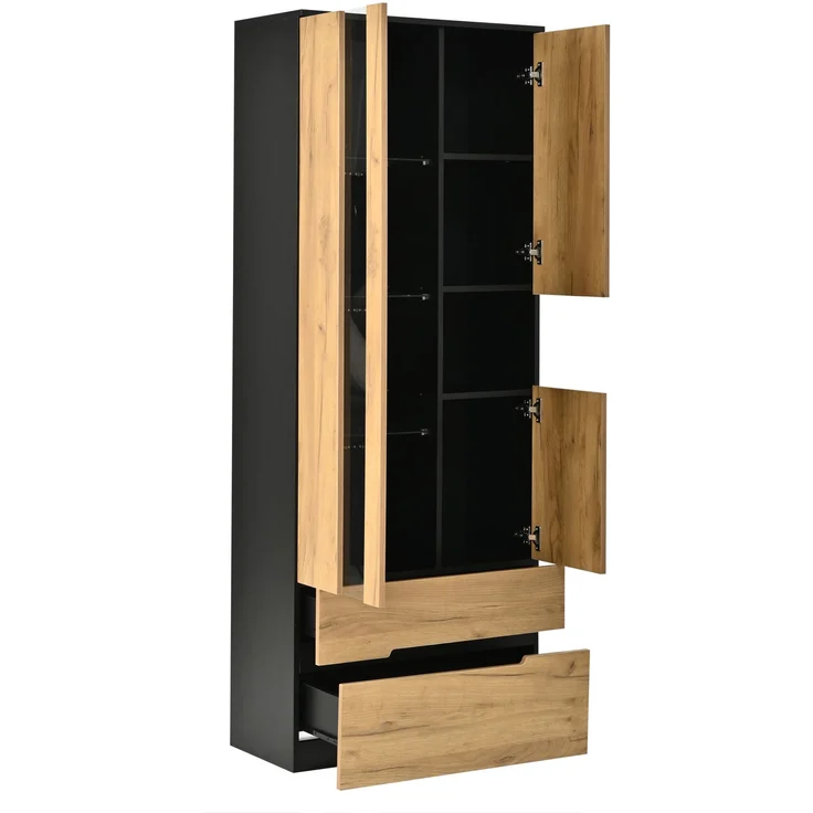 Vitrinen-Schrank, 70×35×180cm Mehrzweck Aufbewahrungsschrank mit LED-Lichtleiste, 3 Türen & 2 Schubladen, Holz-Schwarz Kombinationsdesign, bis 45kg Traglast, moderner Stauraumschrank für Wohnzimmer--Natürlich--70x35x180cm--YOUDENOVA – Bild 9