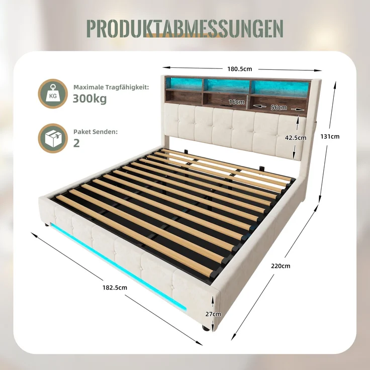 TavilaEcon Polsterbett mit Bettkasten und USB-C-Anschluss beige Liegefläche 180 × 200 cm – Bild 2