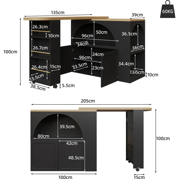 Merax Ausziehbarer Bartisch mit Stauraum(135-205×39×100cm) , Moderner Beweglicher Bar Table, Teleskopischer Bartisch mit LED Hochtisch Kücheninsel, schwarz – Bild 4
