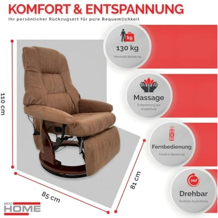 abc HOME Sessel braun, Fernbedienung, elektrisch, Massage, Liegefunktion – Bild 2