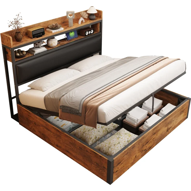 Bettrahmen 180 x 200 mit hydraulischer Hebevorrichtung, USB, gepolstertem Kopfteil, Vintage-Design aus Holz und Metall, verstecktem Stauraum Doppelbett Moderne Schlafzimmermöbel Schwarz – Bild 9