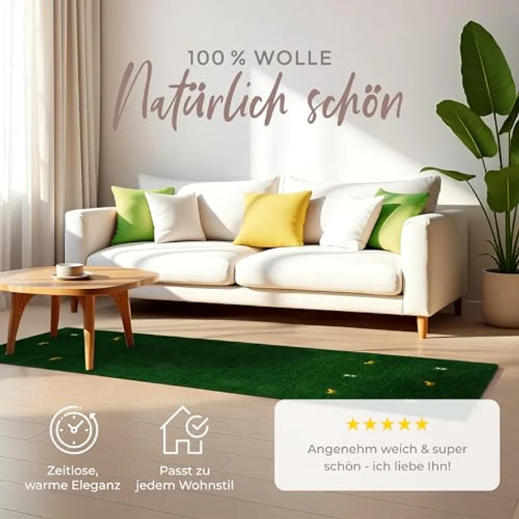 carpetfine 'Gabbeh Uni' Wollteppich, reine Wolle, Grün, 60x180 cm – Bild 3