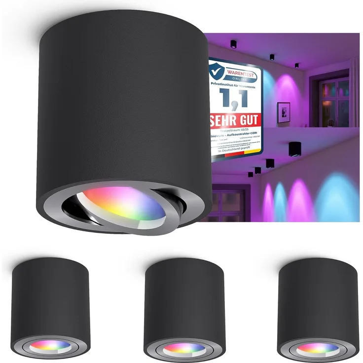 linovum LED Aufbaustrahler CORI Aufbauspot schwarz gebuerstet schwenkbar mit Smart GU10 RGB LED, RGB