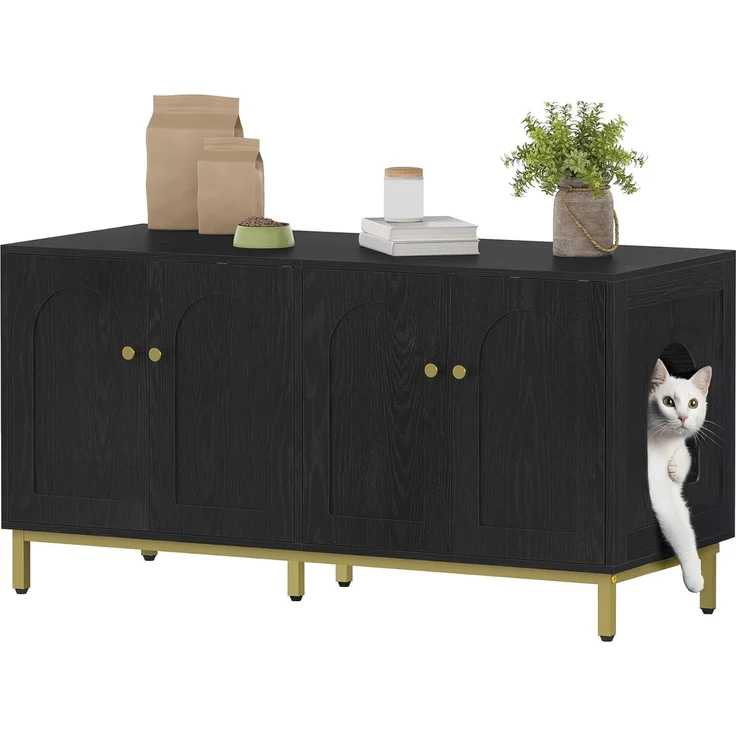Katzenschrank für 2 Katzen, 119cm Versteckte Katzentoilettenmöbel, Hölzernes Haustierhaus, Aufbewahrungsschrankbank, Passend für die Meisten Katzentoilettenkä, Schwarz und Gold – Bild 2