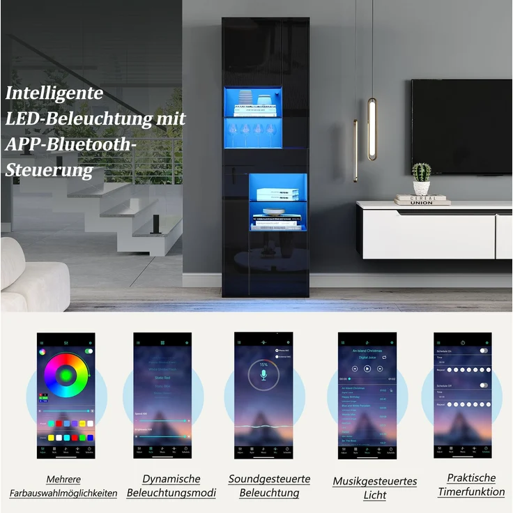 DESVIAE Vitrine mit LED-Beleuchtung und Schublade 55x170x38 cm Spanplatte Glas Schwarz – Bild 6