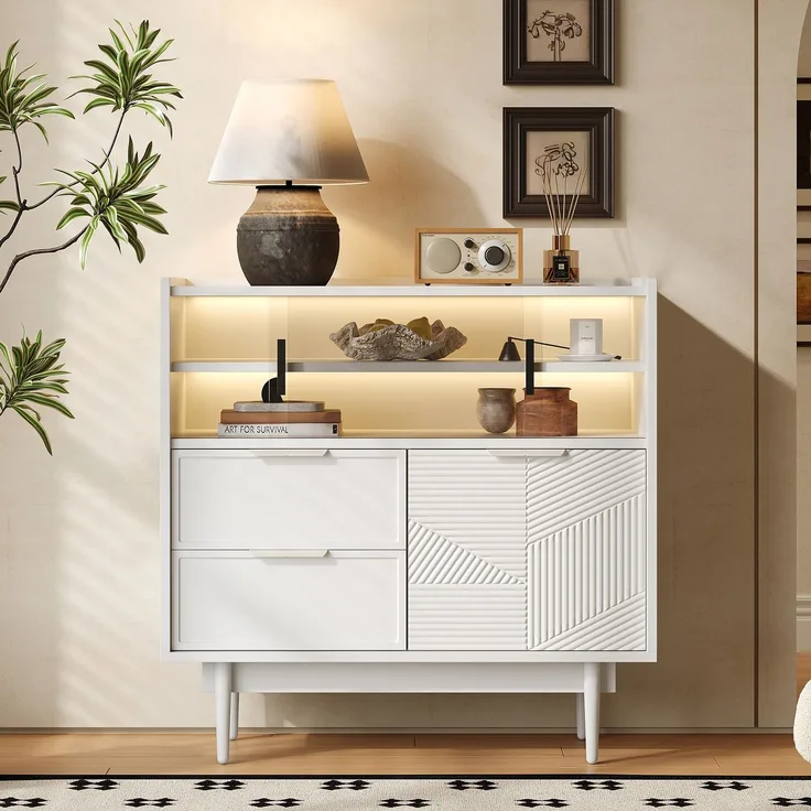 Merax Sideboard, Ablageschrank, Badezimmerschrank, Sideboard mit Lichtleiste, Weiß