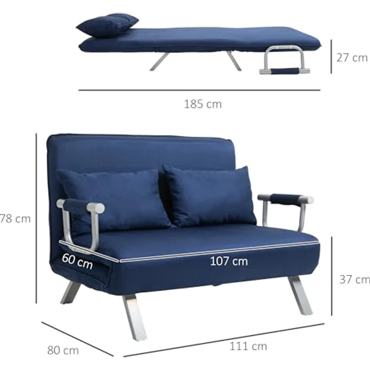 HOMCOM Schlafsofa 2er-Sofa mit Schlaffunktion, Verstellbarer Rückenlehne, Kissen, Couch 1 Teile, für Wohnzimmer, Schlafzimmer, Blau – Bild 4