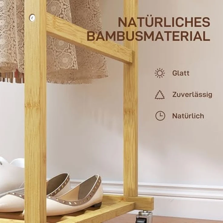 HOMCOM Kleiderständer mit Rollen, Kleiderstange, Schuhablage, (Garderobe aus Bambus, 1 St, Garderobenständer), für Schlafzimmer, Ausstellungen, Waschküche, Natur – Bild 5