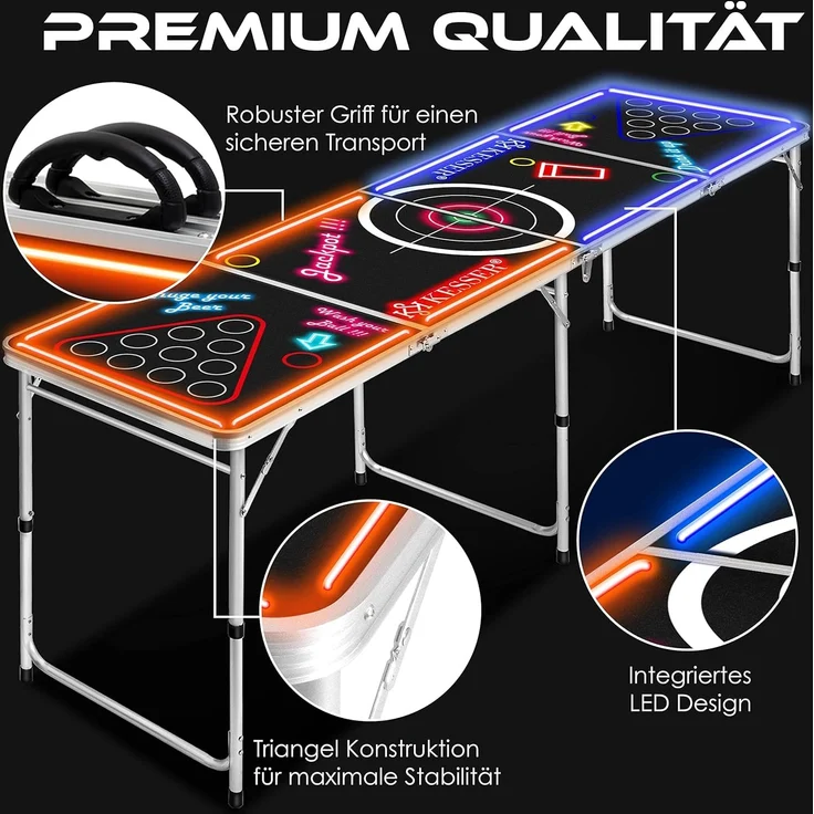 KESSER® Beer Pong Tisch Set mit LED, Kartenspiel, 100 Becher & 6 Bälle, höhenverstellbar / klappbar, Aluminium schwarz, 61 x 244 x 76 cm – Bild 8