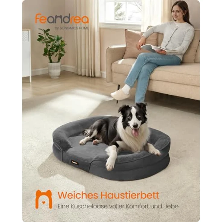 Feandrea Hundebett, Hundekissen, für große Hunde, 91 x 68 x 18 cm, orthopädisch, wasserdichte Innenschicht, erhöhte Ränder, Abnehmbarer, waschbarer Bezug, rutschfest, schiefergrau PGW282GN01 – Bild 3