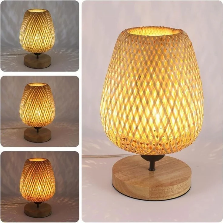 DELIPOP – Rustikale Nachttischlampe – E27 60 W – Natürliches Bambusholz – Für Büro, Wohnzimmer, Schlafzimmer, Küche – Warmes Gelb – 16,5x16,5x30cm – Bild 3