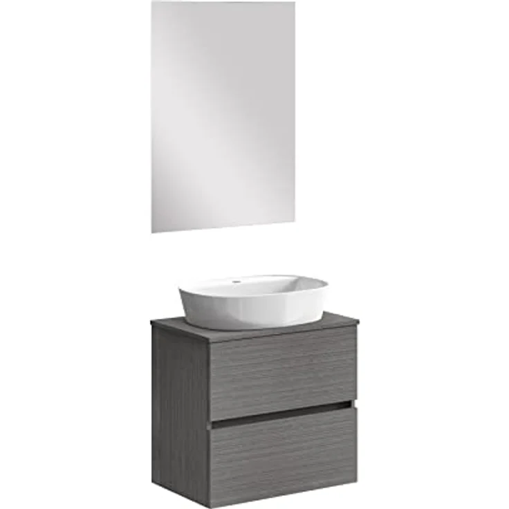 Baikal Onyx Badmöbel montiert, Möbel mit 2 Schubladen, Badezimmermöbel mit Waschbecken, Hängeschrank, Wandschrank, Keramikwaschbecken, inkl. Spiegel, 60 cm, Asche. – Bild 1