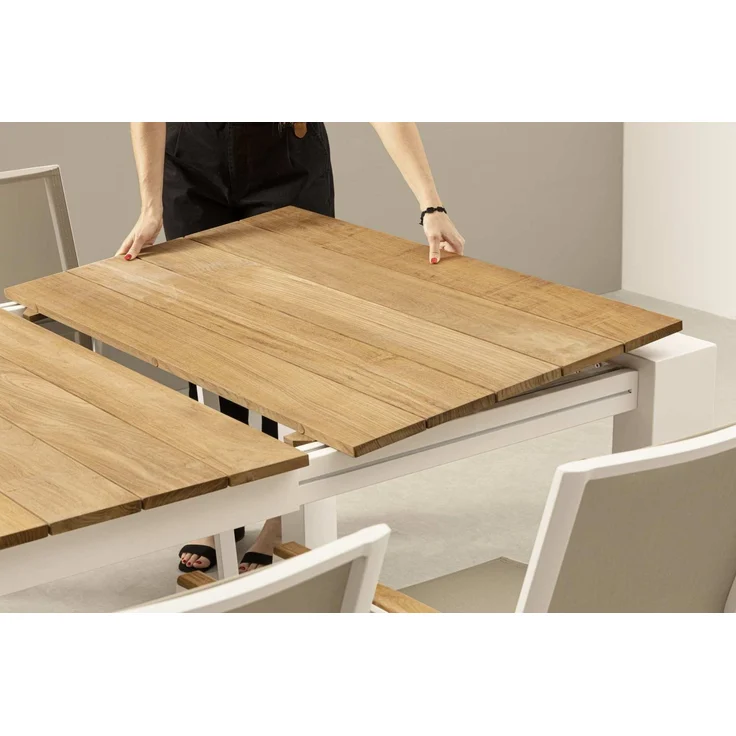 Gartentisch Norema aus Aluminium und Teakholz, modern, ausziehbar für 10–14 Personen, weiß – Bild 7
