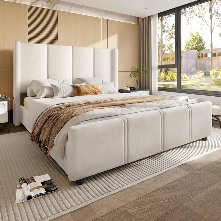 LVHOM Polsterbett hohem Kopfteil & Fußteil 140x200 cm Bettgestell, integriertem USB/Type-C-Anschluss und hochwertigem Samtstoff, Doppelbett – Bild 5