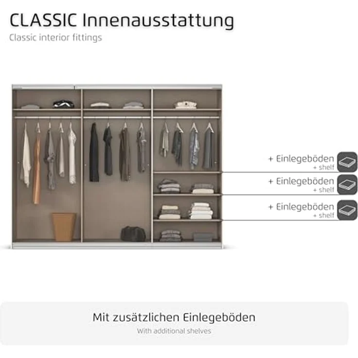 Rauch Möbel Kulmbach, Kleiderschrank mit Schwebetüren für Schlafzimmer, Kinderzimmer, Jugendzimmer, Garderobe, Flur, 3-türig, Zubehör Classic, Farbe Grau metallic, Schwarz, Breite 271 cm – Bild 7