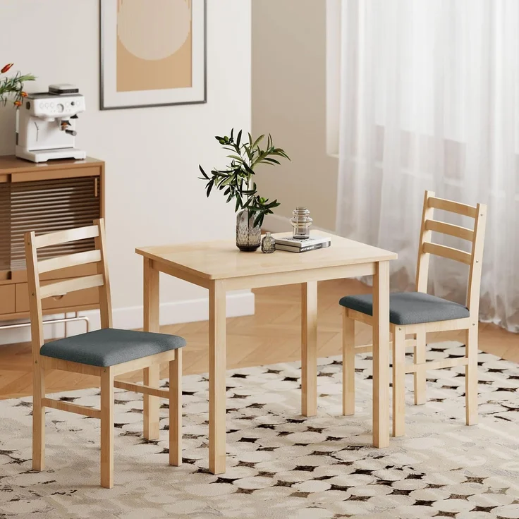 HOMCOM Essgruppe Esstisch mit 2 Stühlen Platzsparend Esszimmergruppe, (Sitzgruppe, 3-tlg, Küchentisch mit gepolsterten Essstühlen), für kleine Raum, Esszimmer, Küche, Naturholz – Bild 9
