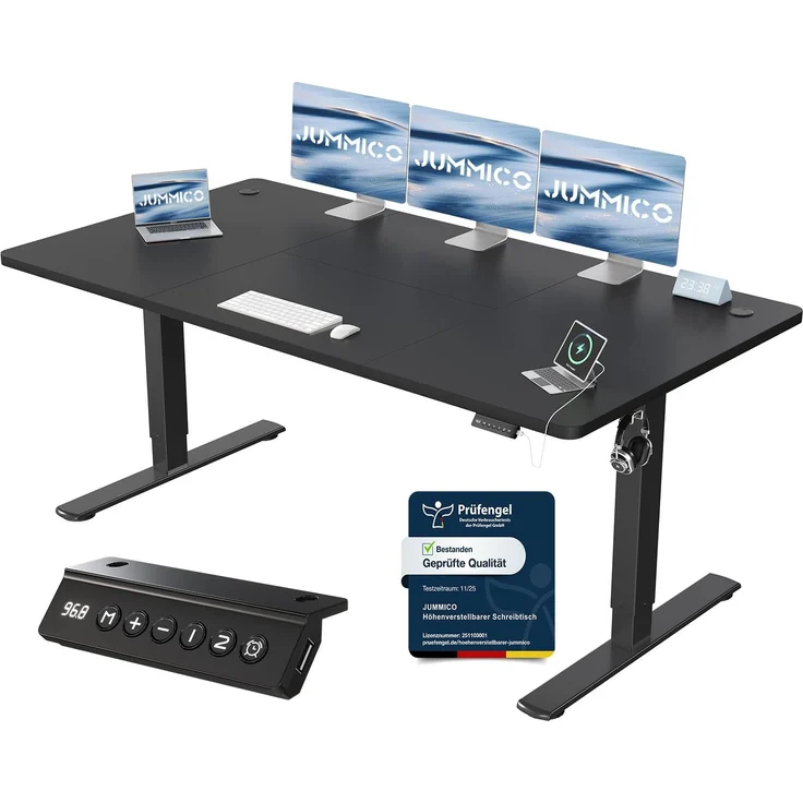 JUMMICO Schreibtisch elektrisch höhenverstellbar mit USB-Ladeanschluss, Schwarz, 180x80 cm