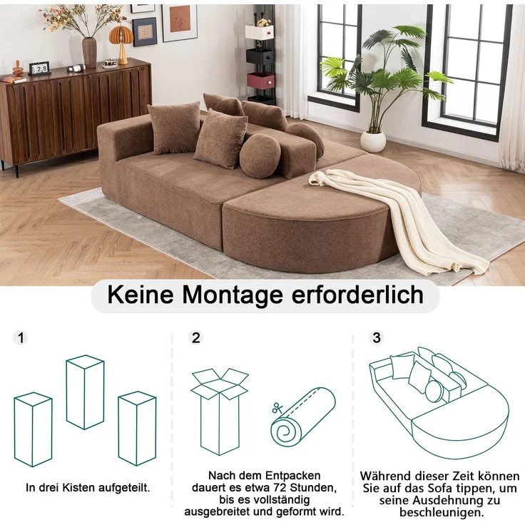 Wohnora-Vollkomprimiertes knochenloses Sofa,Wohnzimmer / Schlafzimmer mit segmentiertem Wolkensofa, modernem modularen Sofa, ohne Montage, komfortablem, hautfreundlichem Chenille-Stoff,H 66cm x T 263cm x B 171cm,Braun – Bild 4
