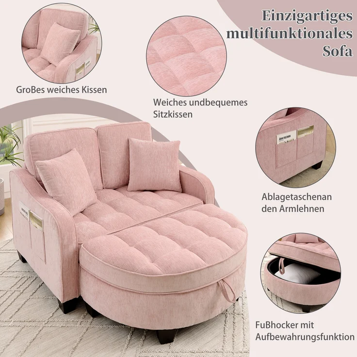 Multifunktionales Sofa,2-in-1 Sofa-Bett Aufbewahrungs-Hocker atmungsaktiver hautfreundlicher Stoff umweltfreundliches Eukalyptusholz Passend für kleine Wohnzimmer Studienzimmer Schlafzimmer,Pink, – Bild 4
