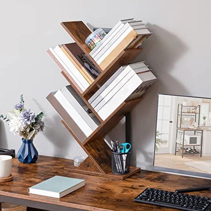 HOOBRO Bücherregal, Standregal mit 4 Ebenen, Holz DVD Regal, in Baumform, Metallgestell, für Wohnzimmer, Arbeitszimmer, Kinderzimmer, Vintagebraun EBF04SJ01G1 – Bild 9