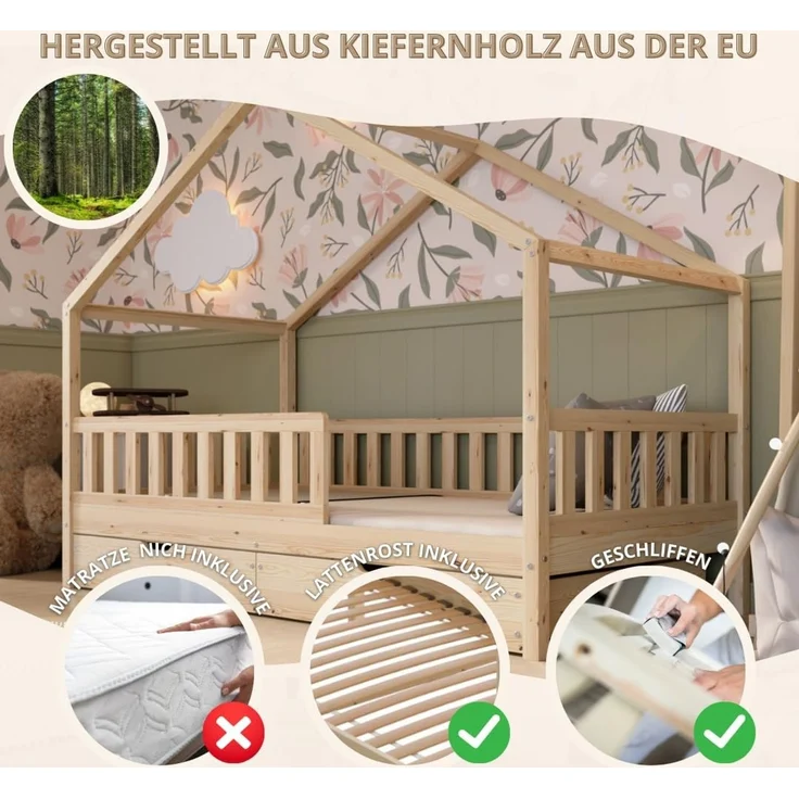 Crazy Pine 'Crazy House' Hausbett mit abnehmbaren Rausfallschutz, Naturholz, Natur, 90x200 cm, mit Schubladen – Bild 4