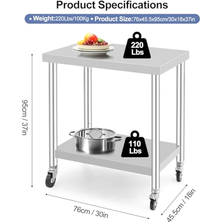 GarveeHome Arbeitstisch aus Edelstahl für Lebensmittelzubereitung, höhenverstellbar mit 3 Stufen, 4 Lenkrollen (2 gebremst), Maße 76x46 cm, ideal für gewerbliche Küchen, Restaurants & Catering – Bild 3