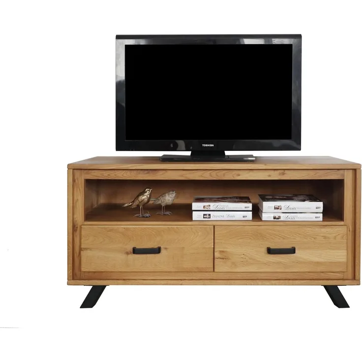 Woodline TV-Lowboard 2 Schubladen Wildeiche Massivholz geölt, Bern Natur, Auszug ohne Softclose 112x45x56,5 cm
