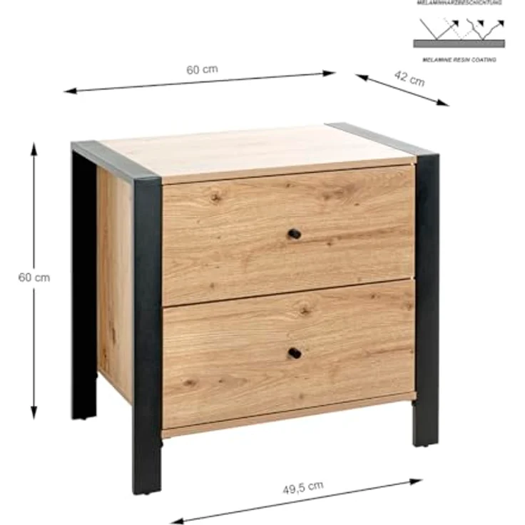XXXL Nachtschrank, Schwarz, Eiche, Metall, 2 Schubladen mit Soft-Close-System, 60x60x42 cm, Schlafzimmer Möbel – Bild 3
