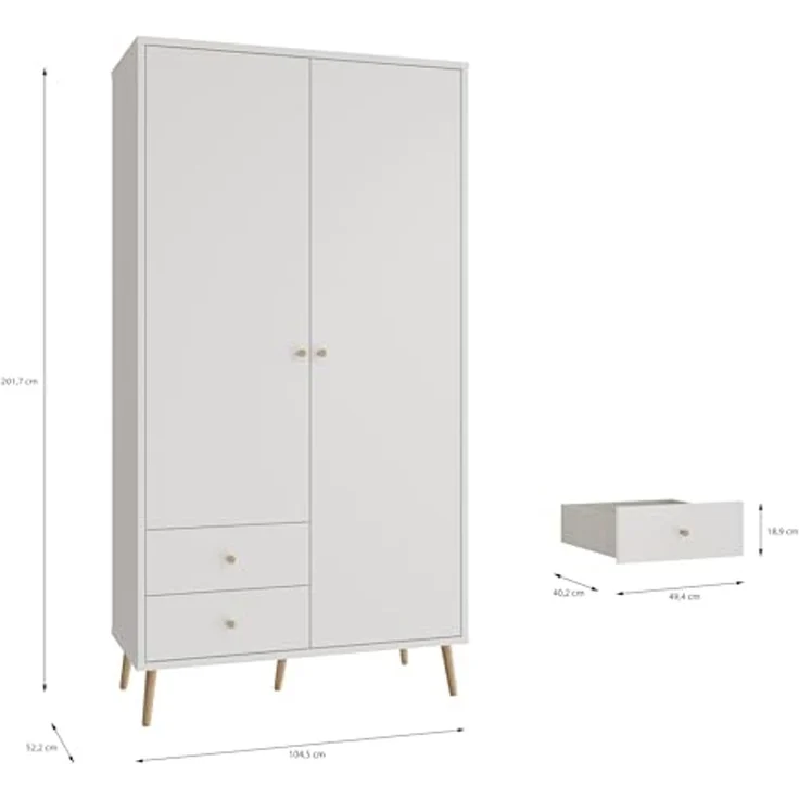 Forte HARLLSON Kleiderschrank 100 110, Mid-Century-Modern Stil, leichte Montage Dank EasyKlix by Forte, 2-türig, 2 Schubladen, Holzwerkstoff, Weiß, 104,5 cm breit x 201,7 cm hoch x 52,2 cm tief – Bild 6