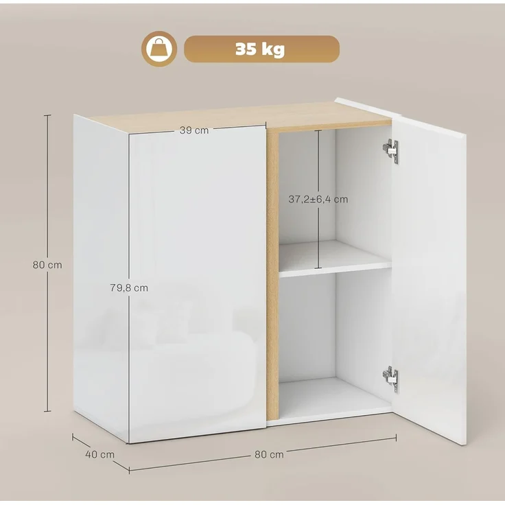 HOMCOM Sideboard (Beistellschrank, 1 St, Aufbewahrungsschrank), für Wohnzimmer, Küche 80 x 40 x 80 cm Hochglanzweiß – Bild 3