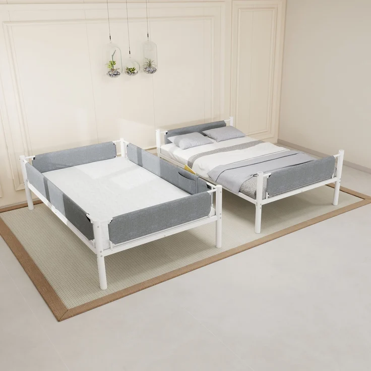 EINHOM Langlebiges Metall-Etagenbett mit abnehmbaren Schutzgeländern aus Leinenstoff, umbaubar zu zwei Einzelbetten, platzsparendes Design für Kinder und Erwachsene, Größe 90x190cm, erhältlich in Weiß (Ohne Matratze) – Bild 5